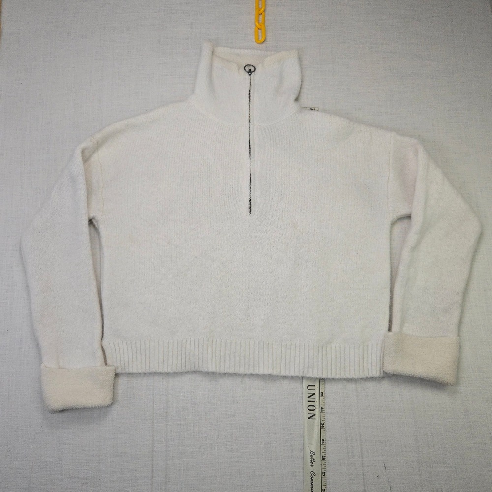 Happily Grey Sweater Large Womens White Zip Cozy Minimalist Neutral Winter Soft
